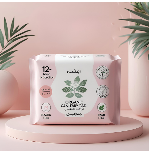 عبوة فوط صحية عضوية عالية الامتصاص بدون بلاستيك مع حماية تدوم 12 ساعة، مناسبة للنساء الباحثات عن الراحة والكرامة.
