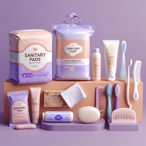طقم نظافة نسائية متكامل يحتوي على فوط صحية، ملابس داخلية قطنية، صابون، معجون أسنان، شفرة، فرشاة أسنان، منديل، ومشط – هدية كريمة لدعم النظافة والكرامة.

