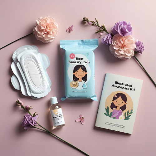 طقم نظافة للفتيات المراهقات يحتوي على فوط صحية، غسول لطيف، وكتيب توعوي – هدية رعاية وكرامة