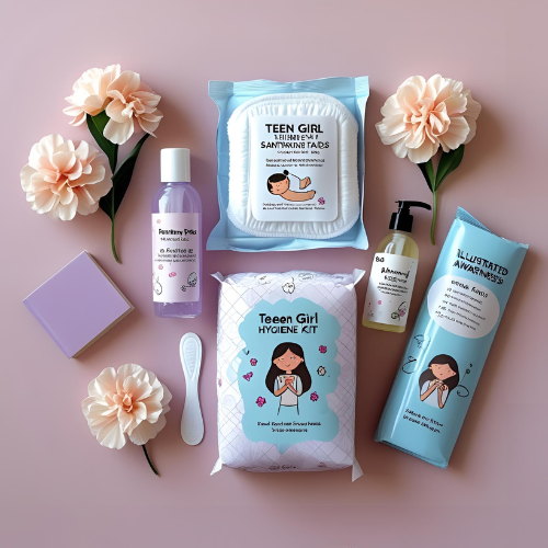طقم نظافة للفتيات المراهقات يحتوي على فوط صحية، غسول لطيف، وكتيب توعوي – هدية رعاية وكرامة